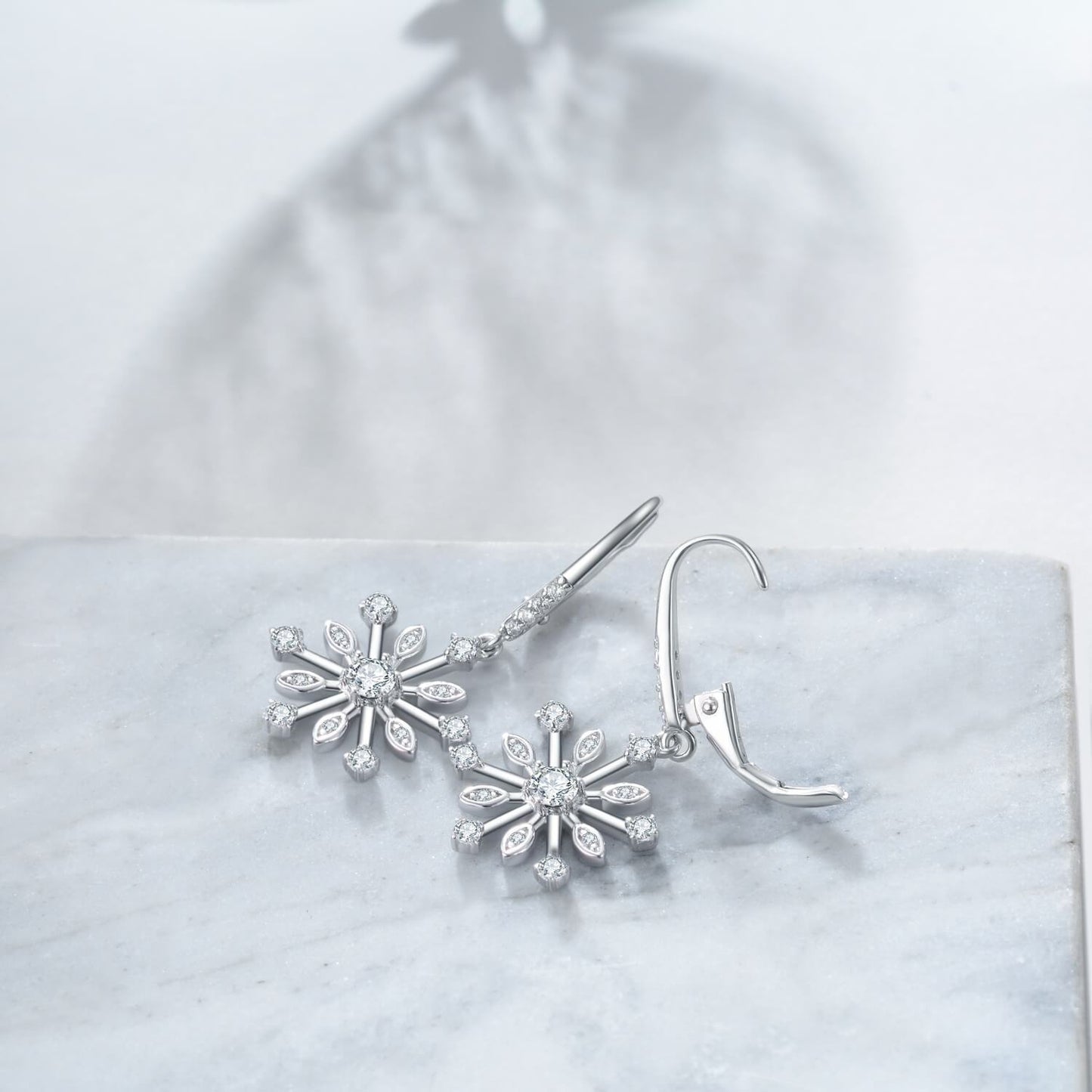 Sterling Silver Zirconia Snowflake Leverback Dangle Drop Earrings Jewelry-Jewearrings