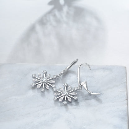 Sterling Silver Zirconia Snowflake Leverback Dangle Drop Earrings Jewelry-Jewearrings