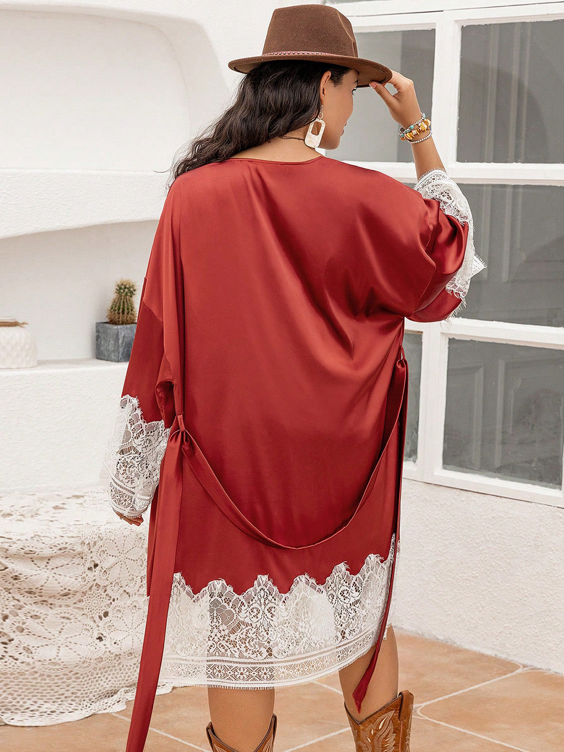 Plus Size Lace Patchwork Tie Front Robe-Jewearrings