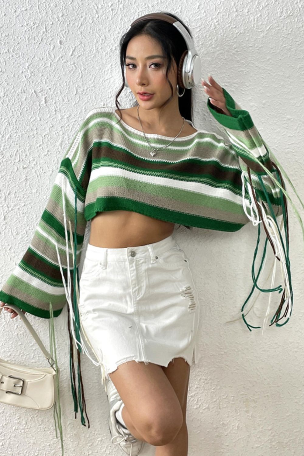 Fringe Striped Round Neck Knit Top-Jewearrings