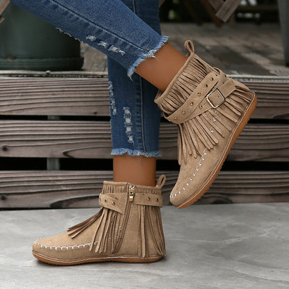 Studded Fringe Round Toe Boots-Jewearrings