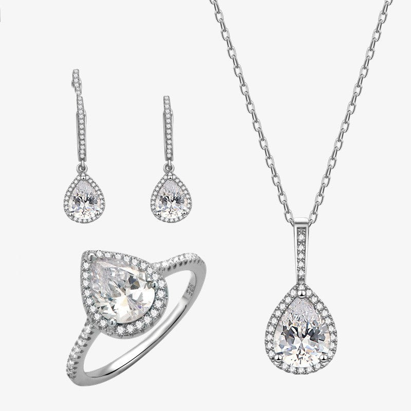 Sterling Silver Three-piece Drop Ring Necklace Earrings Set-Jewearrings