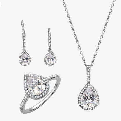 Sterling Silver Three-piece Drop Ring Necklace Earrings Set-Jewearrings