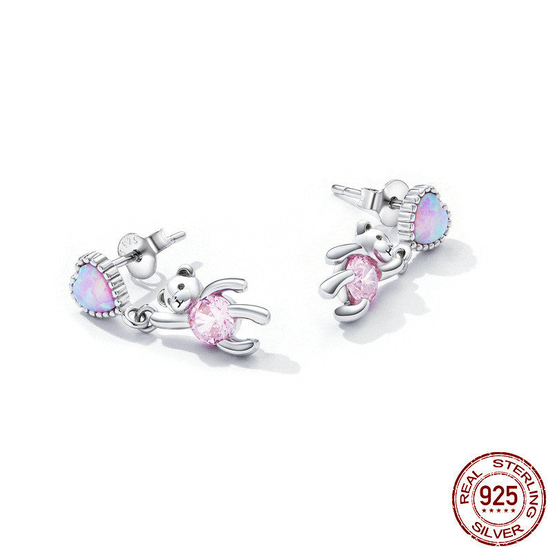 S925 Sterling Silver Zircon Love Bear Stud Earrings-Jewearrings