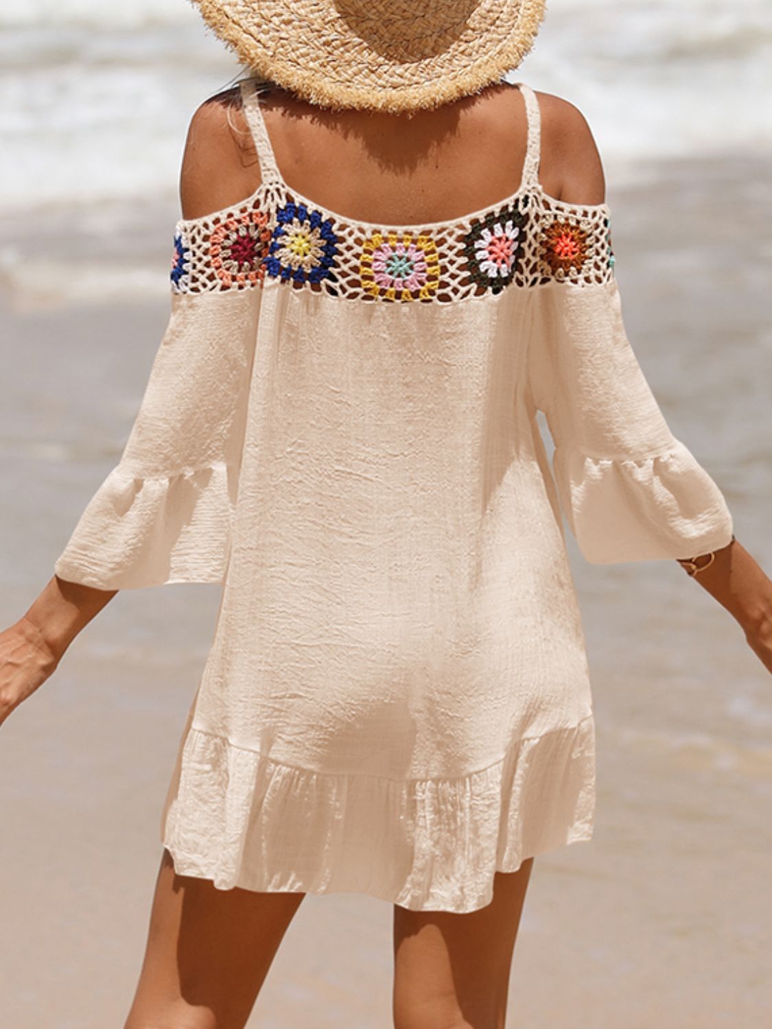 Crochet Cold Shoulder Three-Quarter Sleeve Cover Up-Jewearrings