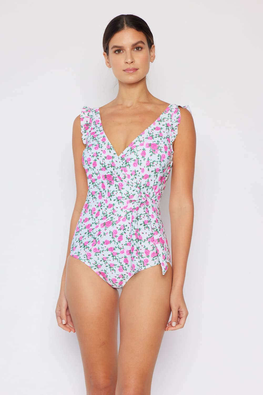 Marina West Swim Full Size Float On Ruffle Faux Wrap One-Piece in Roses Off-White-Jewearrings