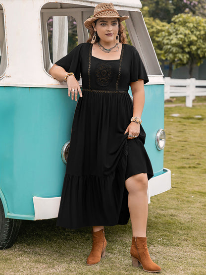 Plus Size Square Neck Short Sleeve Ruffle Hem Dress-Jewearrings