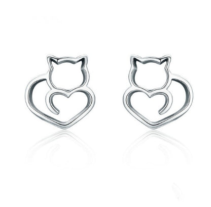 new simple silver cat earrings female s925 sterling silver hollow female earrings small animal silver-Jewearrings