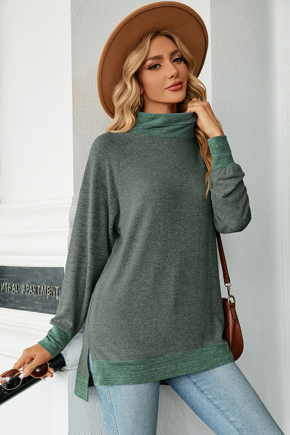 Slit Mock Neck Long Sleeve T-Shirt-Jewearrings