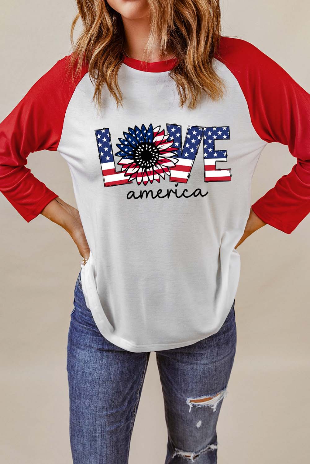 Raglan Sleeve Round Neck LOVE AMERICA Graphic Tee-Jewearrings