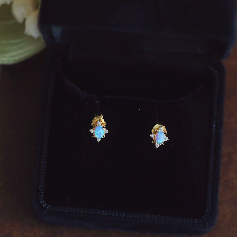 Vintage Delicate Opal 925 Sterling Silver Gold Plated Stud Earrings-Jewearrings