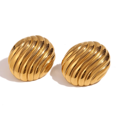 Stainless Steel 18K Gold Plating Vintage Oval Streamline Striped Stud Earrings-Jewearrings