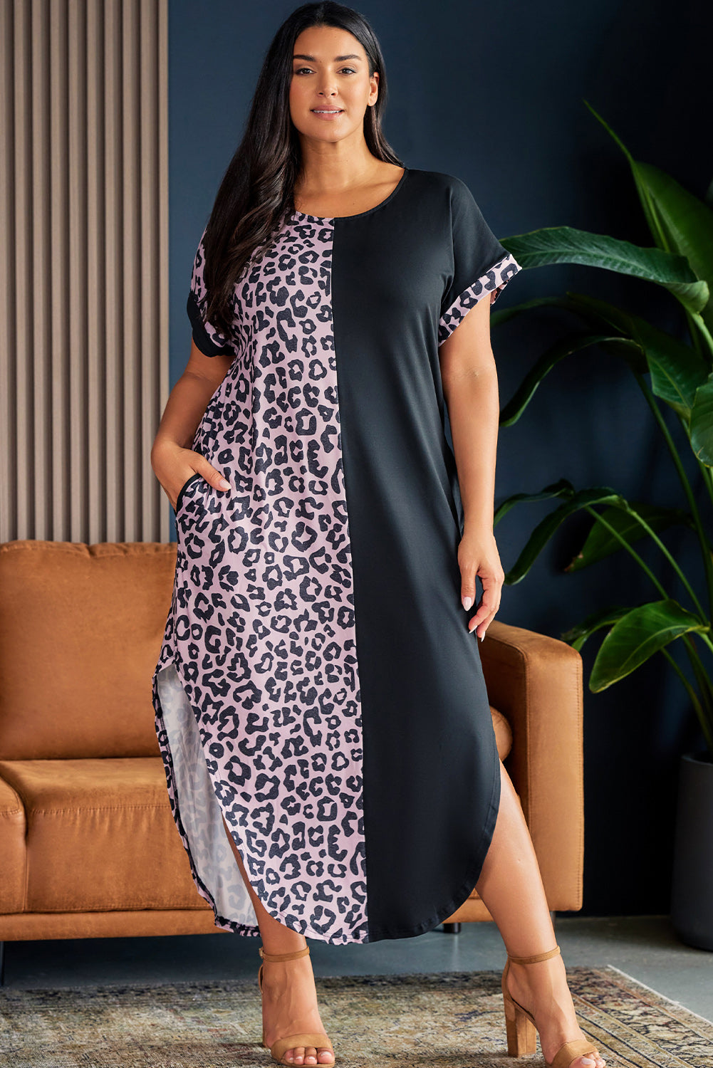 Plus Size Contrast Leopard Short Sleeve Midi Dress-Jewearrings