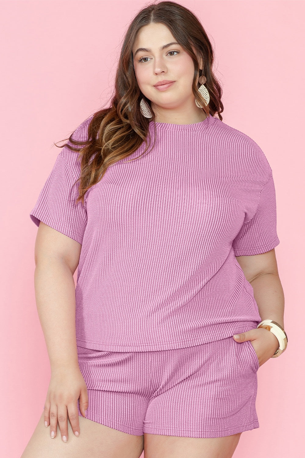 Plus Size Round Neck Short Sleeve Top and Shorts Set-Jewearrings