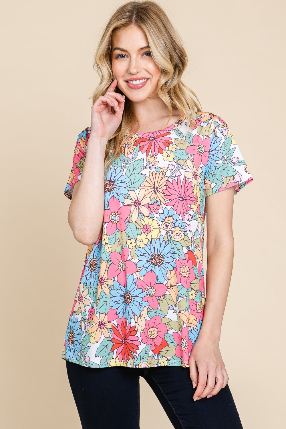 BOMBOM Floral Short Sleeve T-Shirt-Jewearrings