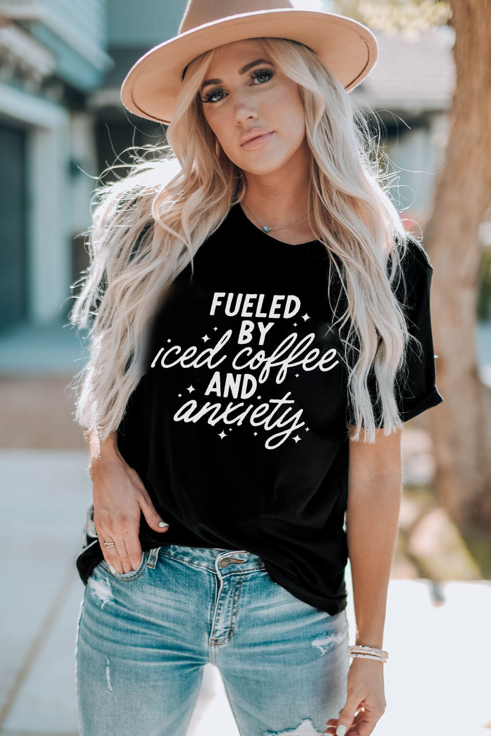 FUELED BY ICED COFFEE AND ANXIETY Graphic Tee-Jewearrings