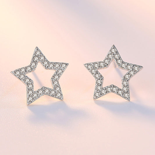 Women's Rhinestone Zircon Geometric Five-pointed Star Silver Stud Earrings-Jewearrings