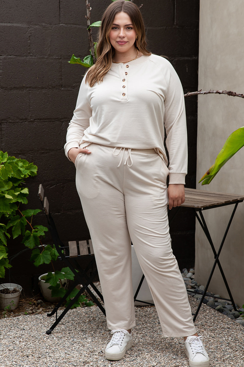 Plus Size Half Button Top and Pants Set-Jewearrings