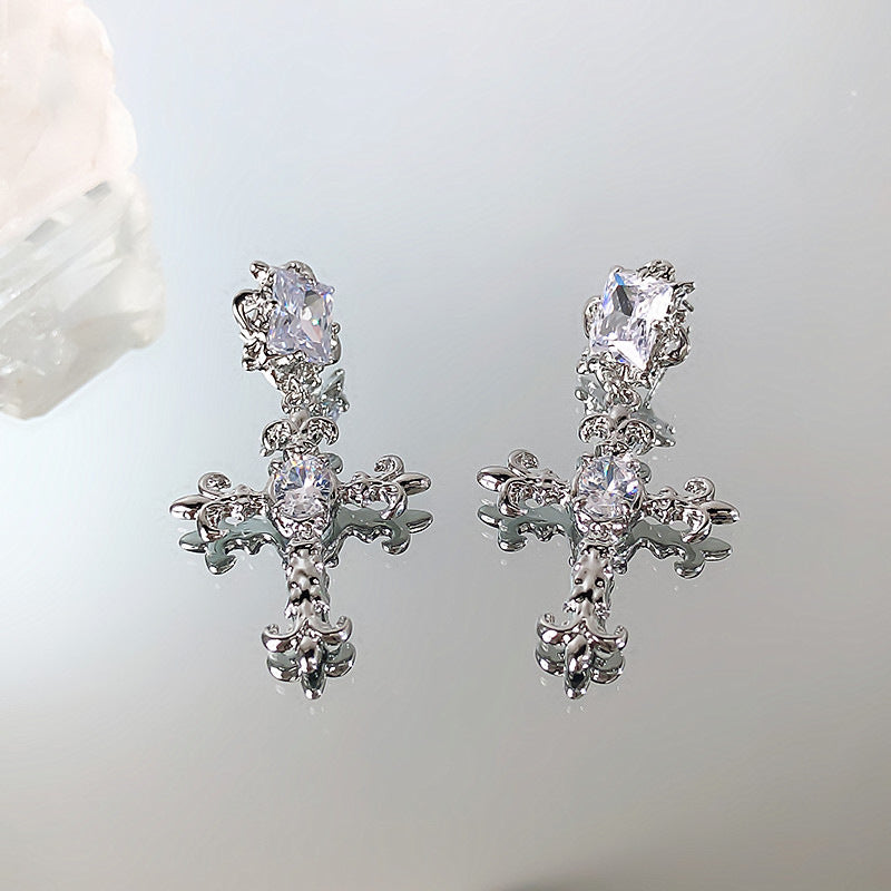 Frosty Silver Needle Zircon Cross Earrings-Jewearrings