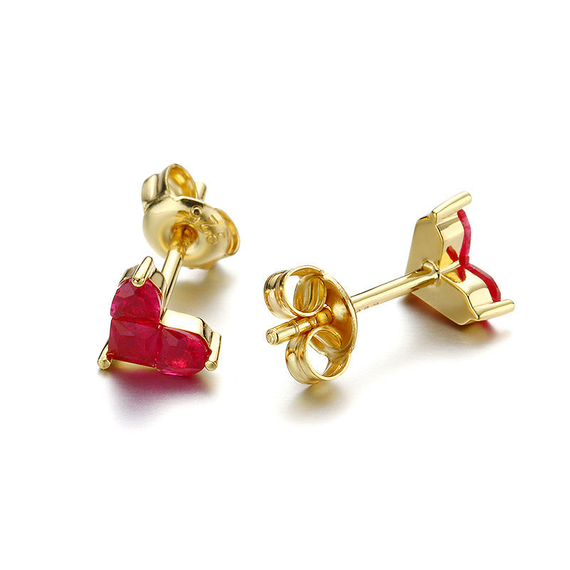 Women's Sterling Silver Gold Plated Red Corundum Stitching Heart Stud Earrings-Jewearrings