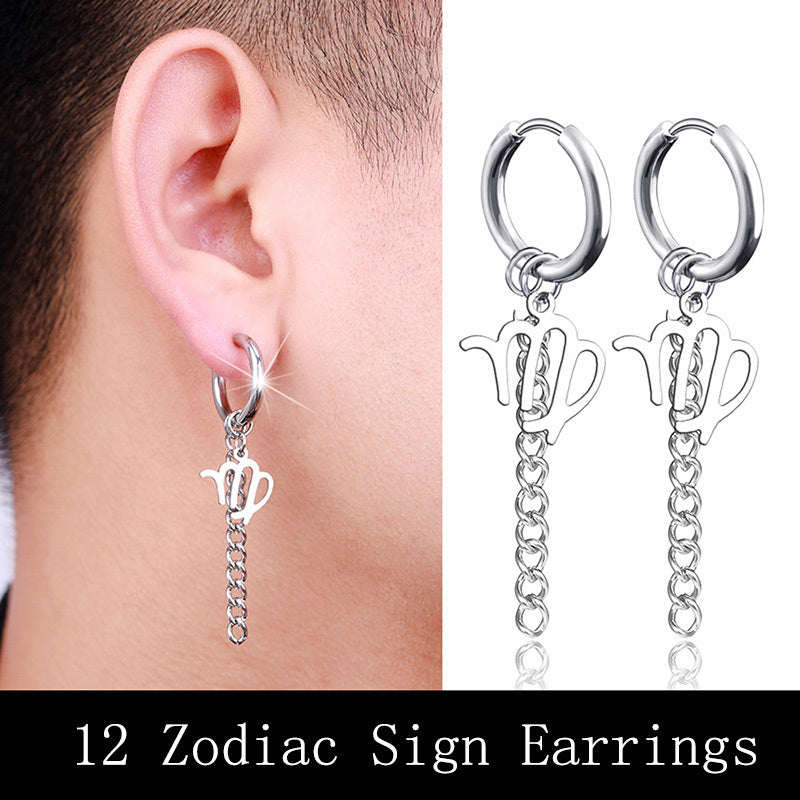 Hip Hop Zodiac Sign Link Chain Tassel Dangle Earrings For Men Women Constellation Jewelry-Jewearrings