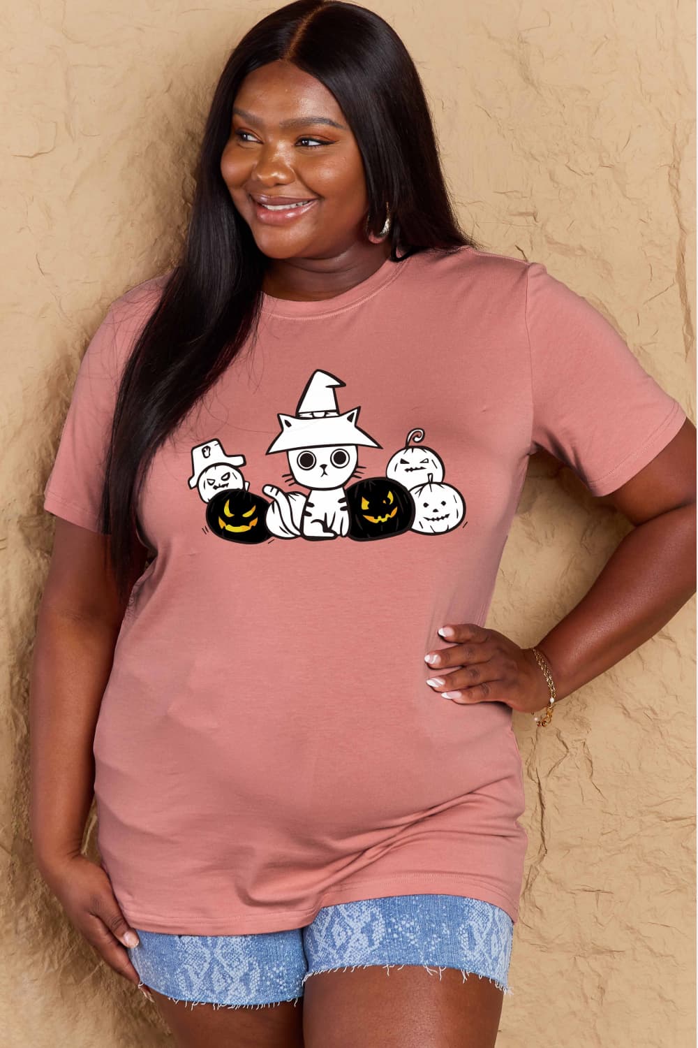 Simply Love Full Size Cat & Pumpkin Graphic Cotton T-Shirt-Jewearrings