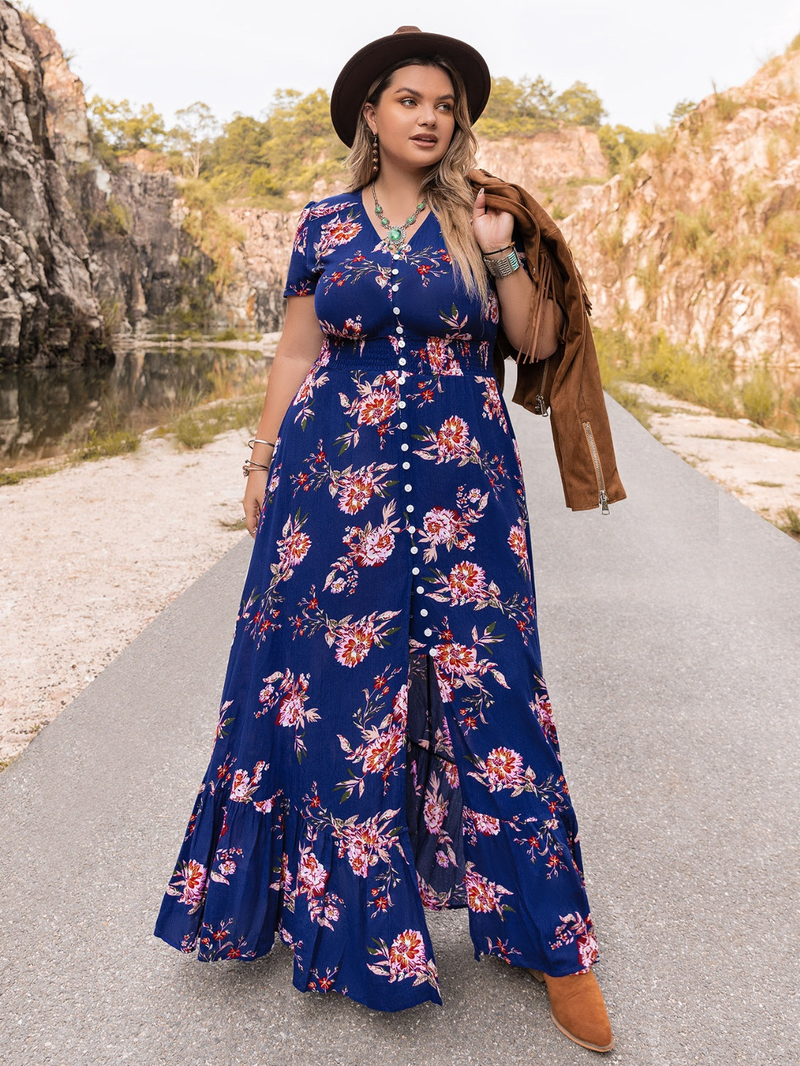 Plus Size V-Neck Maxi Dress-Jewearrings