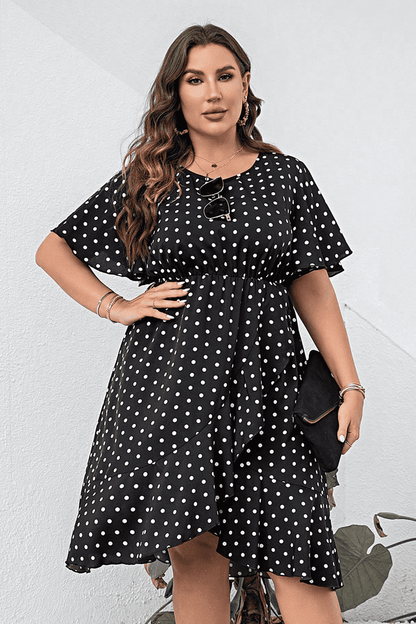 Plus Size Polka Dot Flutter Sleeve Dress-Jewearrings