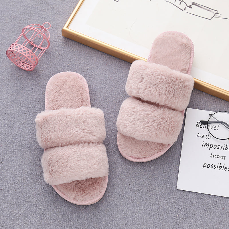 Faux Fur Double Strap Slippers-Jewearrings