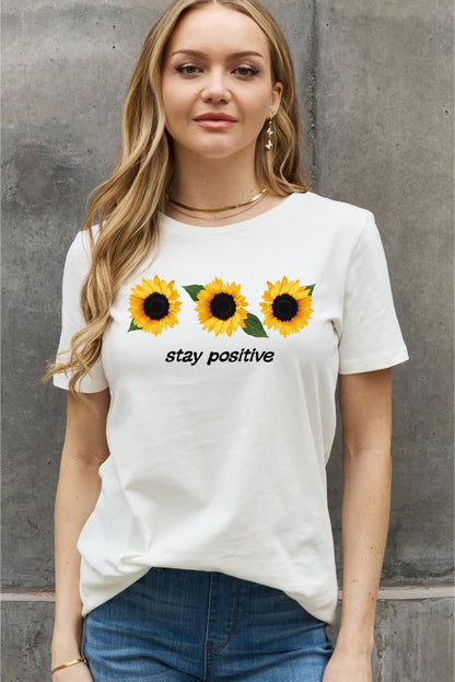 Simply Love Full Size STAY POSITIVE Sunflower Graphic Cotton Tee-Jewearrings