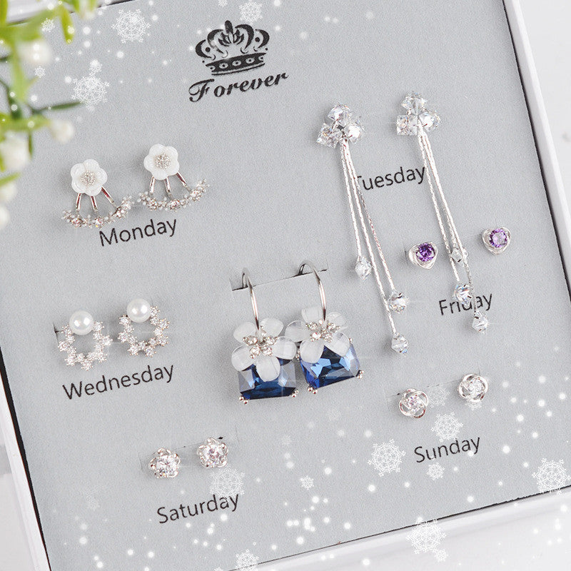 925 Sterling Silver Stud Earrings Set One Week Earring Female Acrylic-Jewearrings