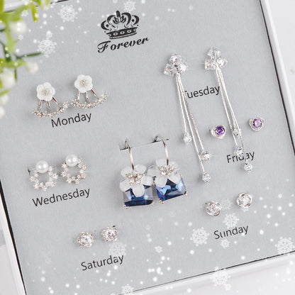 925 Sterling Silver Stud Earrings Set One Week Earring Female Acrylic-Jewearrings