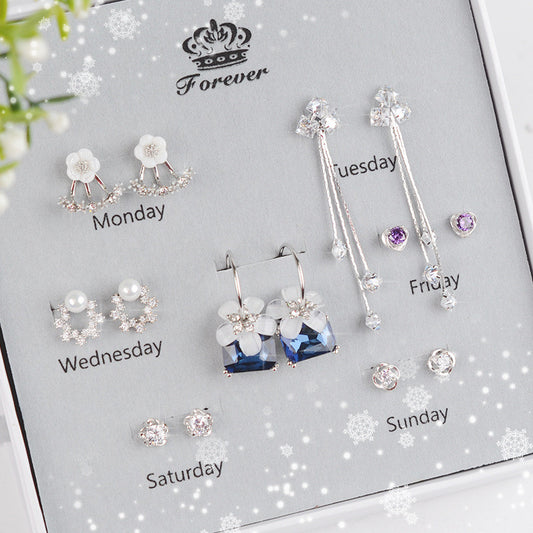 925 Sterling Silver Stud Earrings Set One Week Earring Female Acrylic-Jewearrings