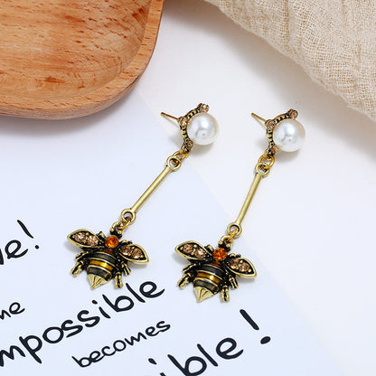 Little bee tassel earrings personality insect pearl long earrings earrings-Jewearrings