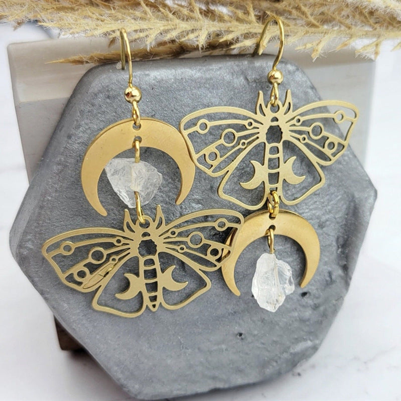 Women's Fashion Gold Plated Moth Moon Drop Earrings-Jewearrings