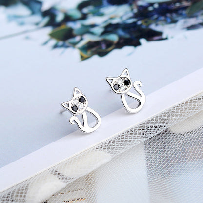 Sterling Silver Black Eye Cat Stud Earrings-Jewearrings