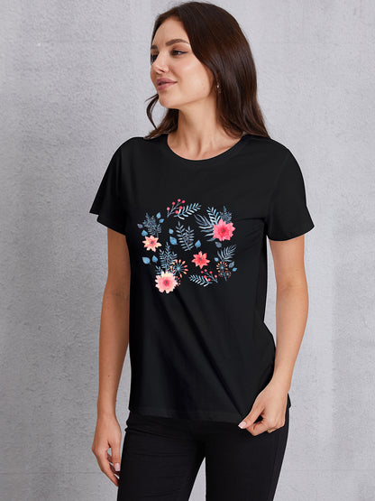 Flower Round Neck Short Sleeve T-Shirt-Jewearrings