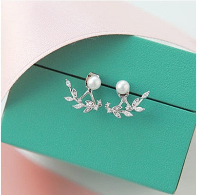 Lovely Sweet Simple Leaf Pearl Zircon Trendy Earrings-Jewearrings