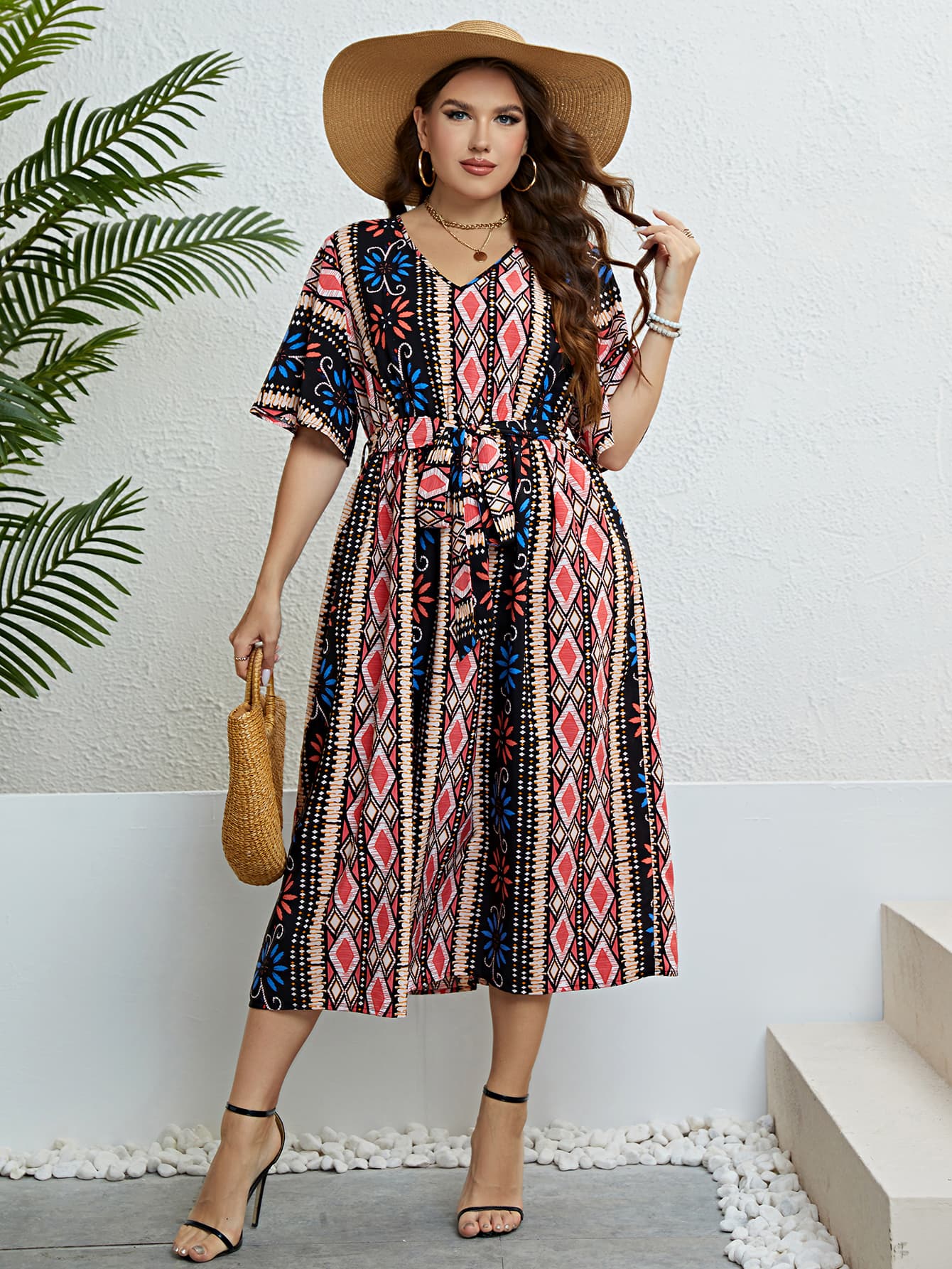 Plus Size Bohemian V-Neck Tie Belt Midi Dress-Jewearrings