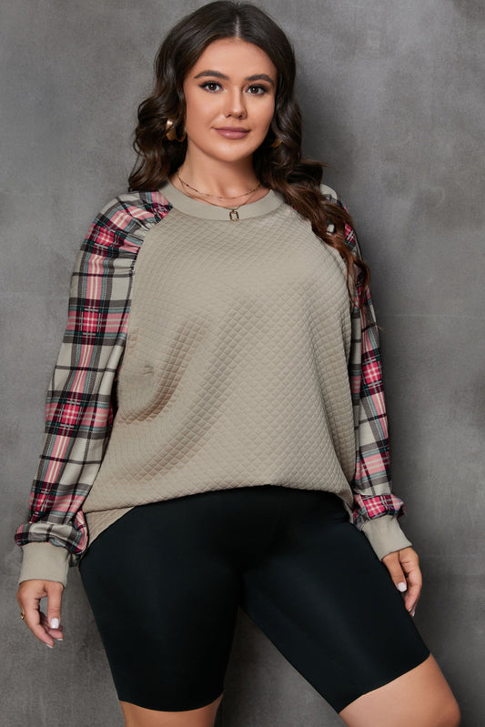 Plus Size Plaid Round Neck Long Sleeve Sweatshirt-Jewearrings