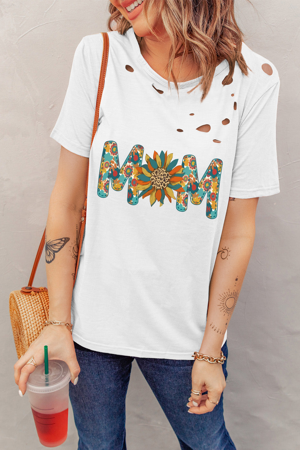 Letter Sunflower Graphic Distressed Tee-Jewearrings