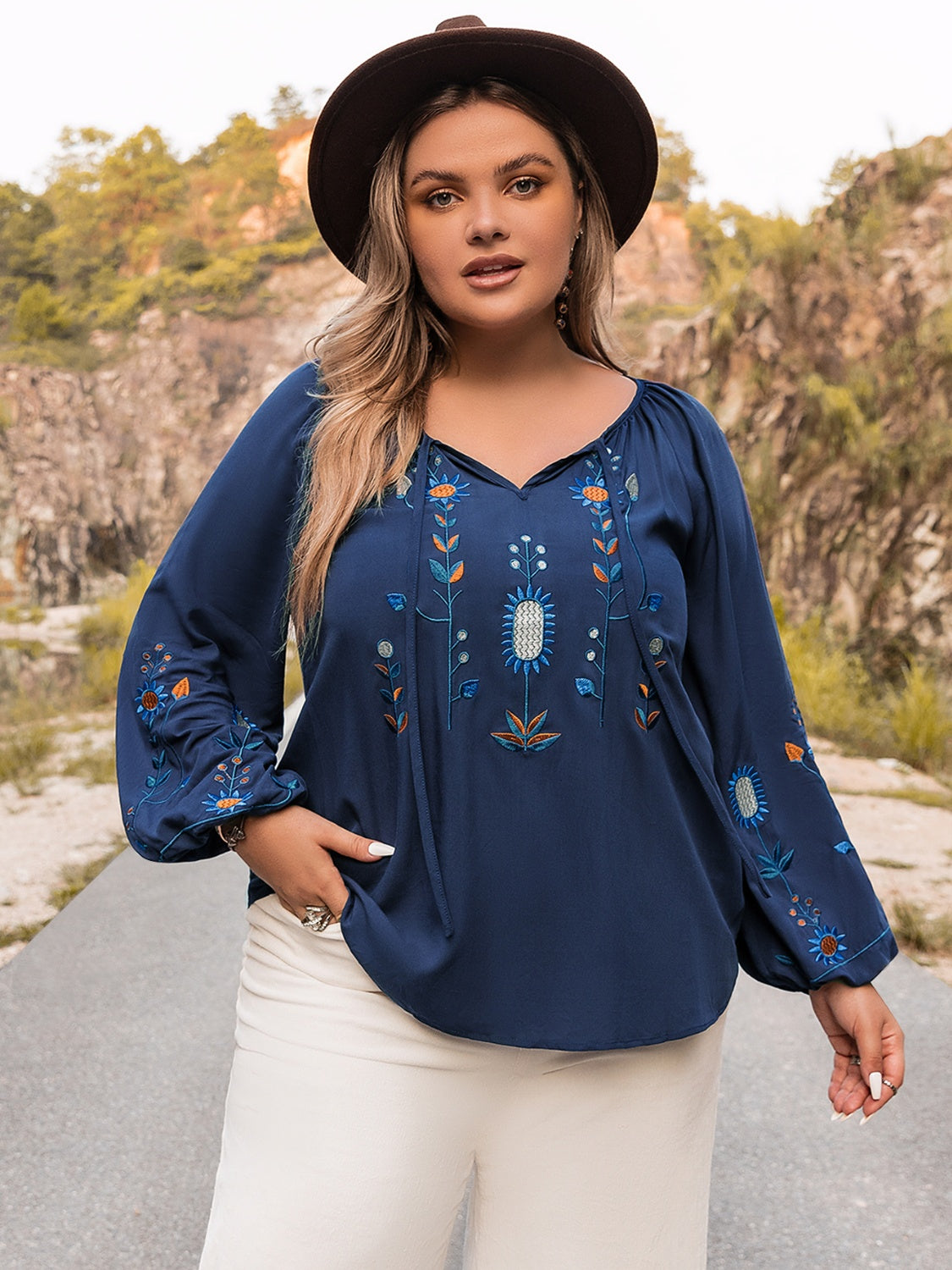 Plus Size Tie Neck Balloon Sleeve Top-Jewearrings