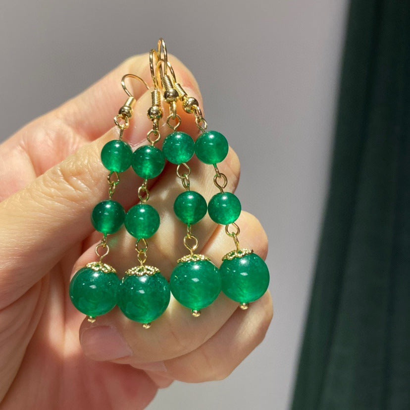 New Exquisite Simple Emerald Beads Long Tassel Earrings-Jewearrings