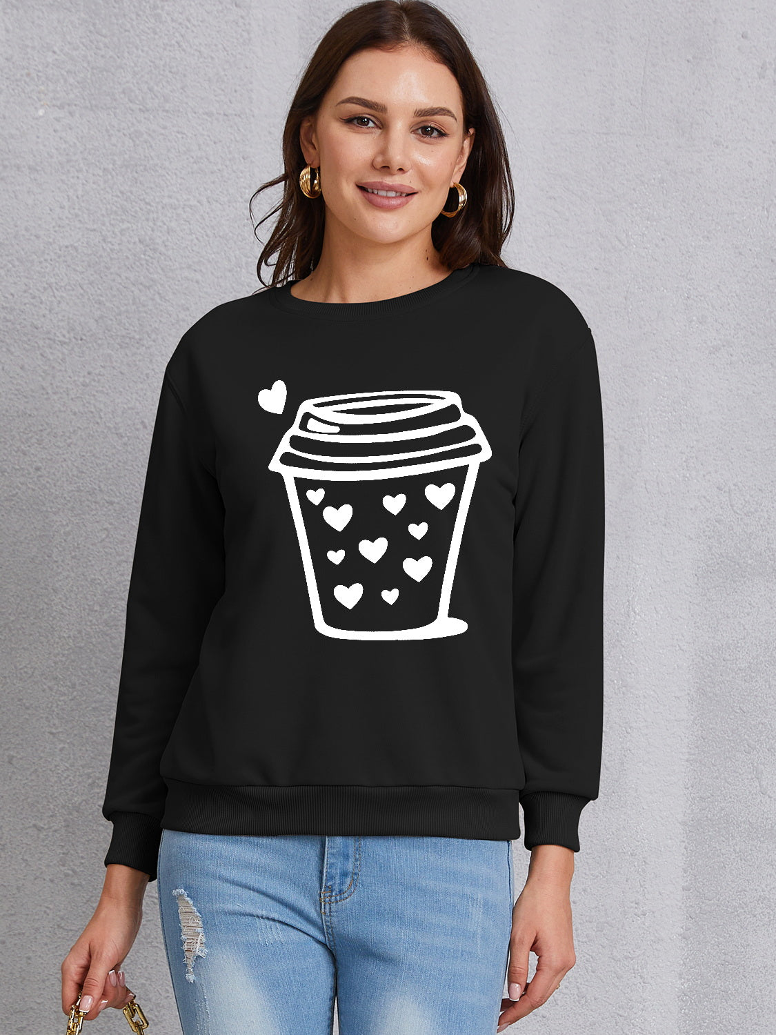 Coffee Graphic Round Neck Sweatshirt-Jewearrings