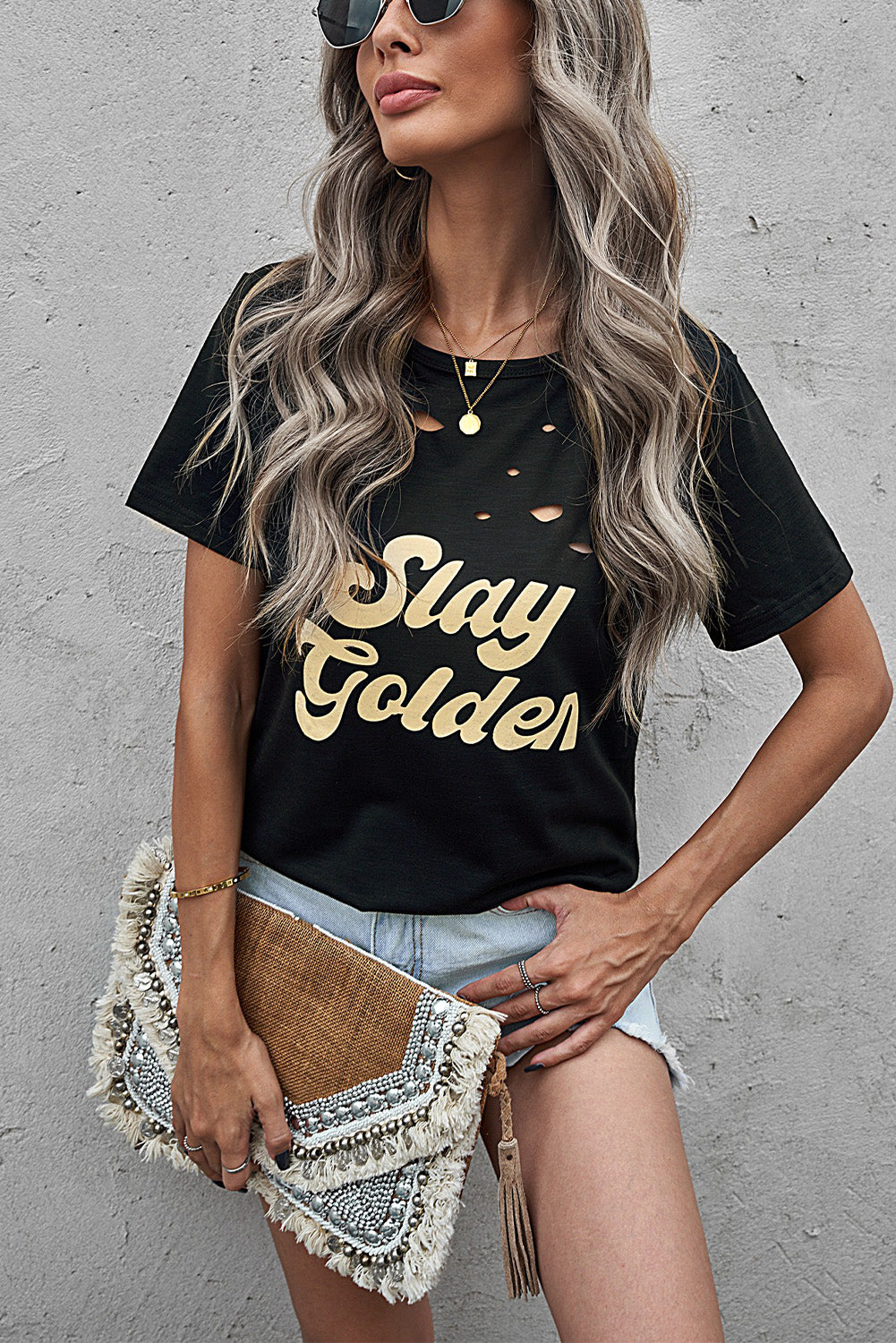 SLAY GOLDEN Distressed Round Neck Tee-Jewearrings