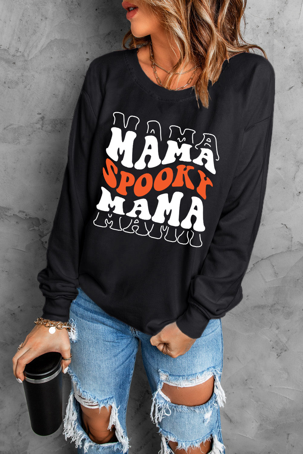 Round Neck Long Sleeve SPOOKY MAMA Sweatshirt-Jewearrings