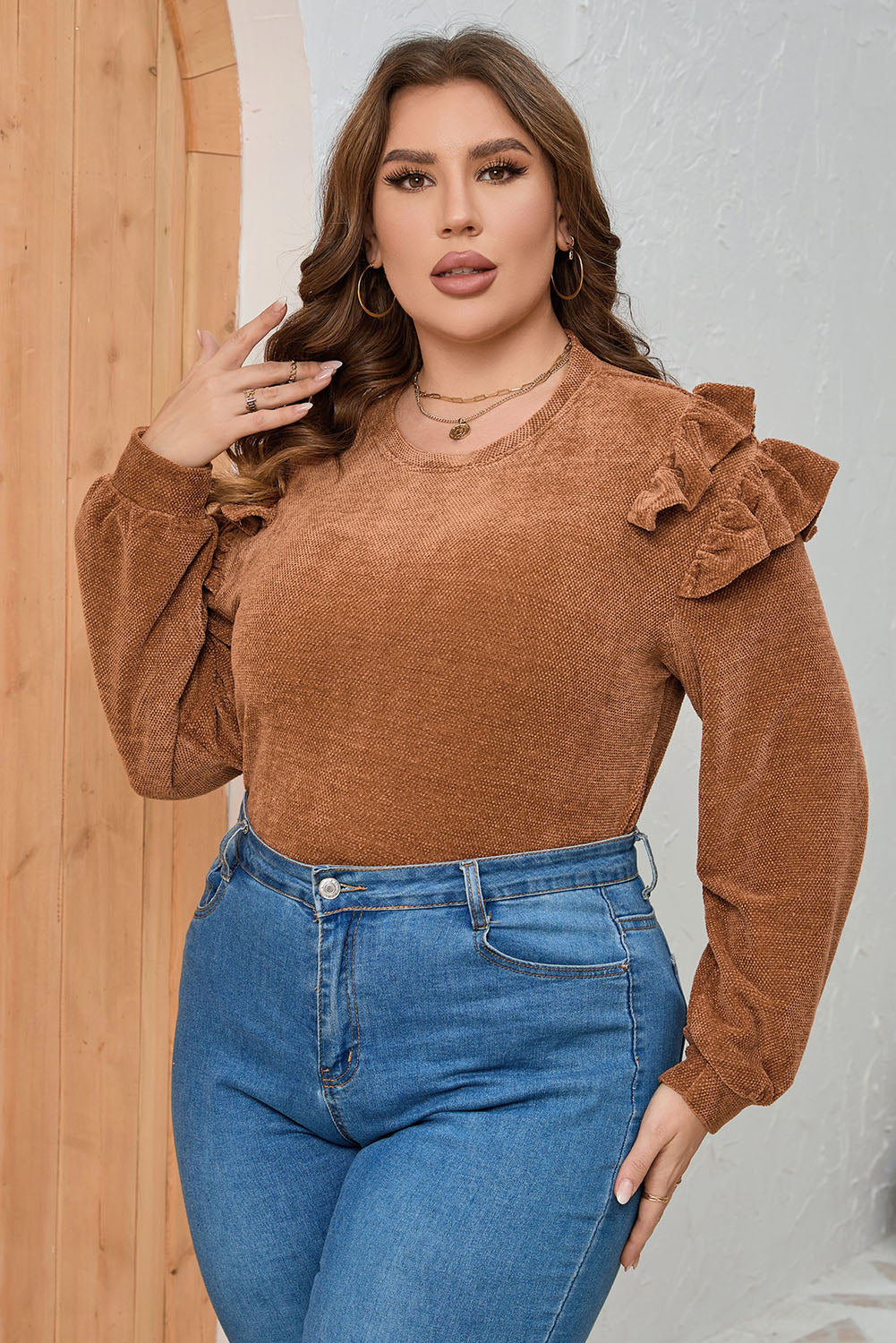 Plus Size Ruffled Round Neck Long Sleeve T-Shirt-Jewearrings