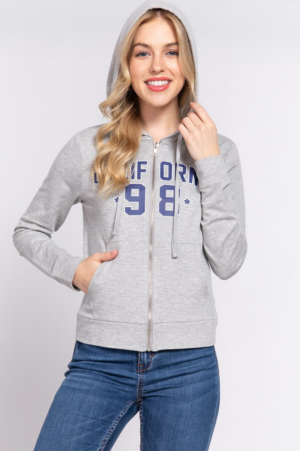 ACTIVE BASIC CALIFORNIA Zip Up Drawstring Long Sleeve Hoodie-Jewearrings