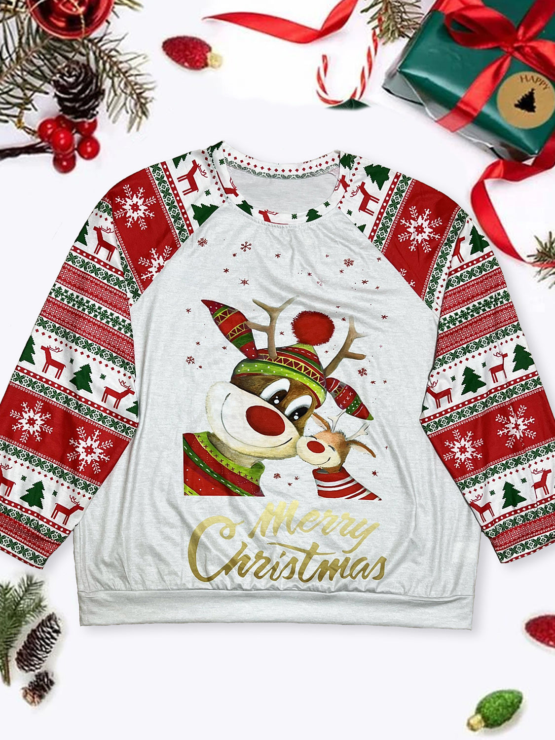 Plus Size Reindeer Graphic Round Neck Long Sleeve T-Shirt-Jewearrings