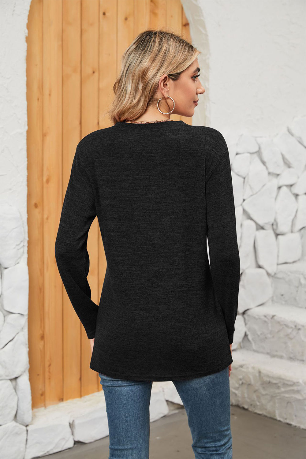 Notched Neck Long Sleeve T-Shirt-Jewearrings